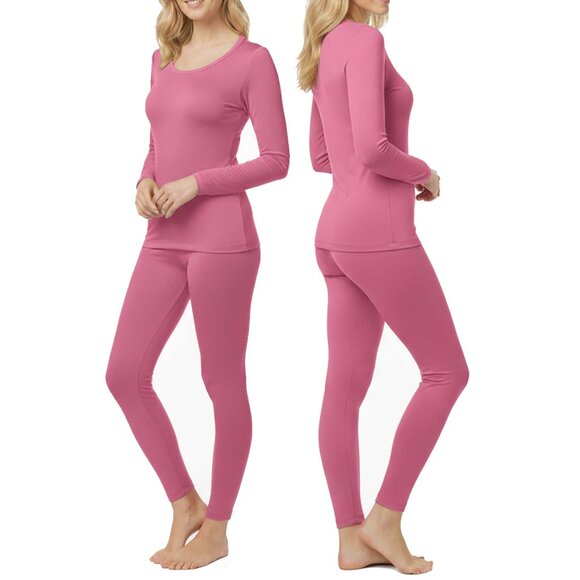 Women Microfiber Fleece Thermal Set Base Layer Top & Bottom, Winter Warm, Pink - Picture 3 of 3